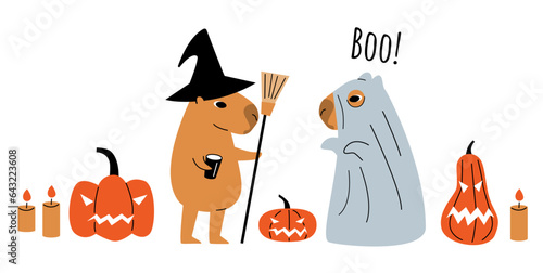 Capybara halloween party cartoon illustration. Capybaras dressed as witch and ghost. Cute animals with halloween pumpkins. 