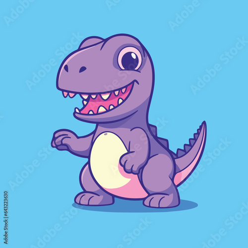 blue dinosaur with a big smile on its face  standing on its hind legs and holding its arms out to its sides. The dinosaur has sharp teeth and a long tail. The background is blue.