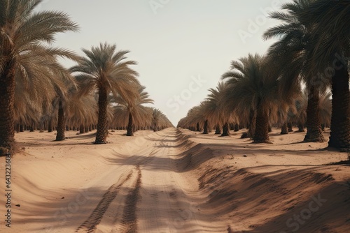 some palm trees in the middle of an empty desert with no people on it  and one person walking down the road