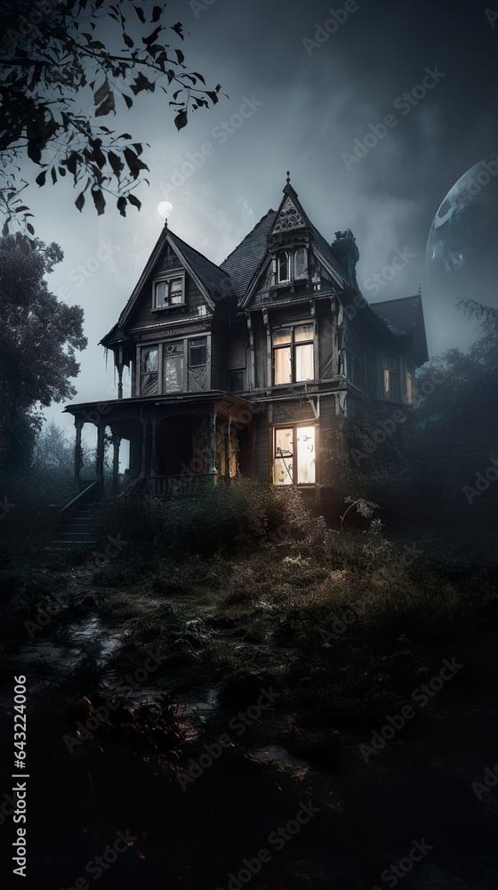 Mesmerizing haunted house engulfed in misty mo onlight Mesmerizing haunted house engulfed in misty mo onlight