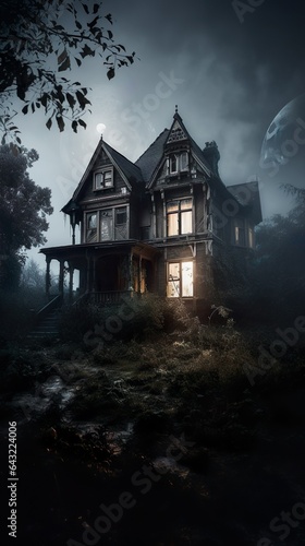 Mesmerizing haunted house engulfed in misty mo onlight 
