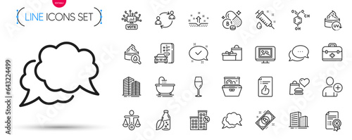 Pack of First aid, Chat message and Buildings line icons. Include Wineglass, Bitcoin, Dots message pictogram icons. Food donation, Chemical formula, Bath signs. Moisturizing cream. Vector