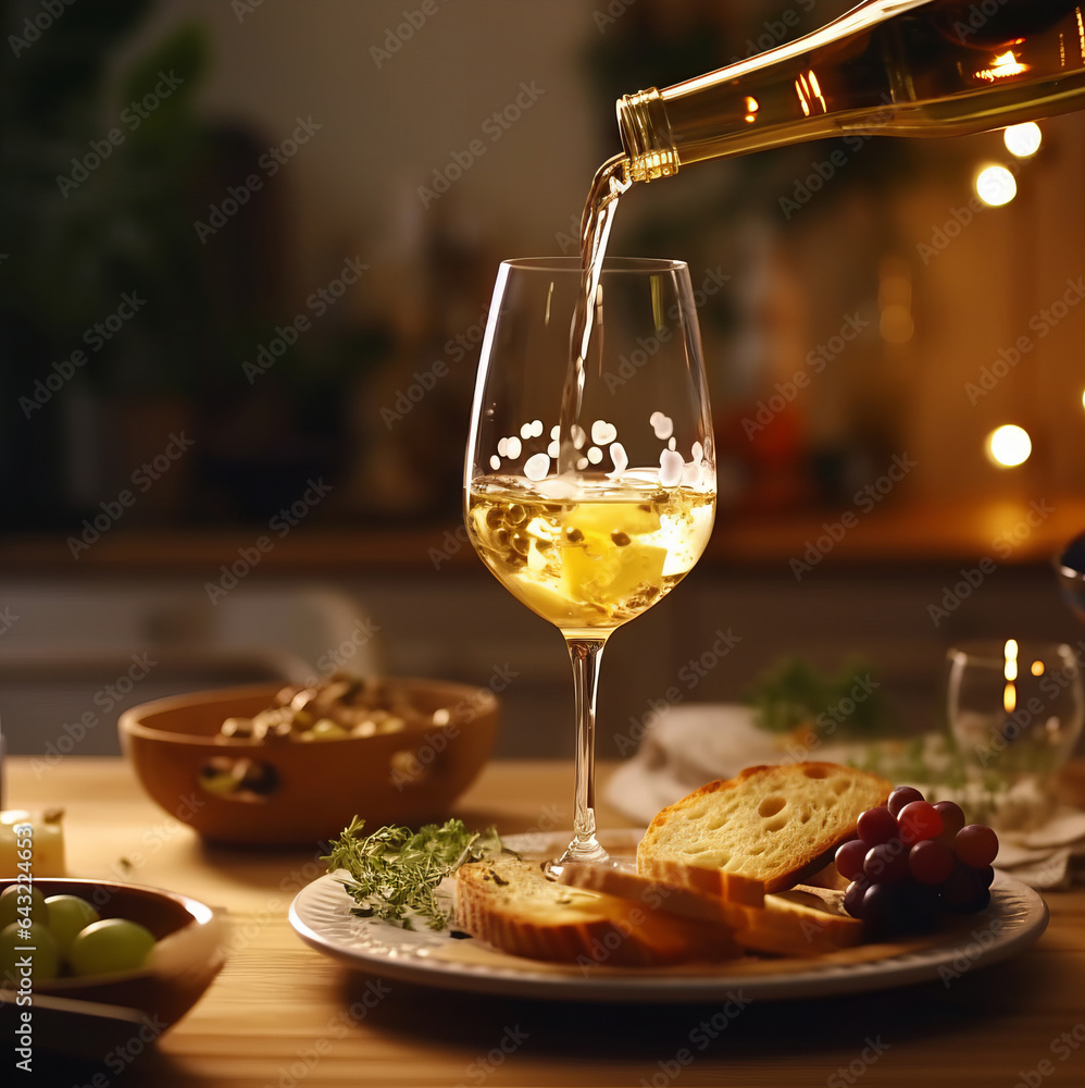 Naklejka premium White wine with grapes and bread on old wooden table
