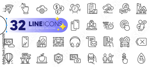 Outline set of Swipe up, Quick tips and Money currency line icons for web with Headphones, Smartphone, Binary code thin icon. Inventory checklist, Smartphone broken, Remove pictogram icon. Vector