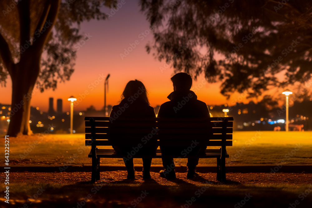 Silhouette of a loving couple sitting on a bench in the park at sunset. Silhouette of a loving couple sitting on a bench in the park at sunset.