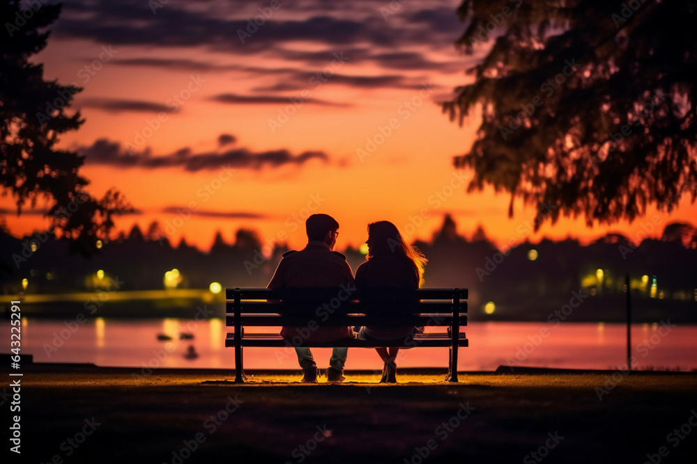 Silhouette of a loving couple sitting on a bench in the park at sunset. Silhouette of a loving couple sitting on a bench in the park at sunset.