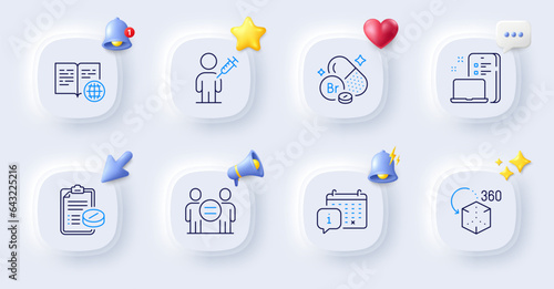 Device, Bromine mineral and Augmented reality line icons. Buttons with 3d bell, chat speech, cursor. Pack of Medical prescription, Calendar, People vaccination icon. Vector