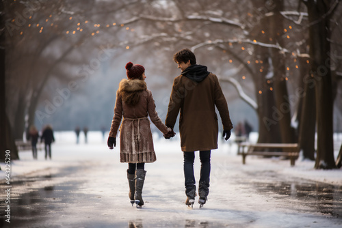 Couple in love walking in the winter park on a snowy day. © soysuwan123