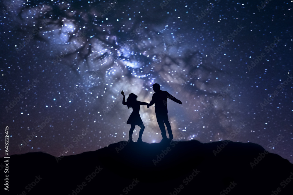 Fototapeta premium Silhouette of a Romantic couple Dancing on top of mountain and looking at starry sky.