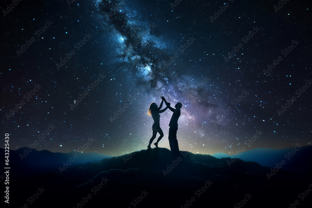 Silhouette of a Romantic couple Dancing on top of mountain and looking at starry sky.