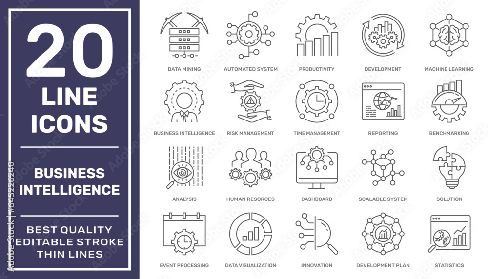 Business intelligence related icons. BI tools icons. Business Intelligence tools vector icons. Editable Stroke