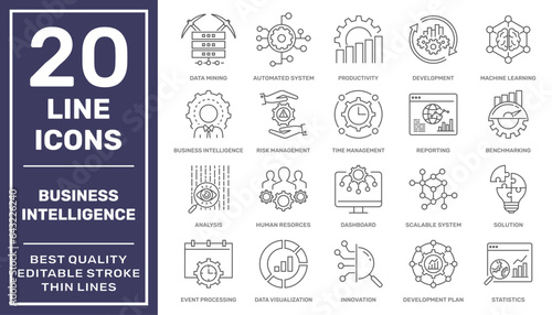 Business intelligence related icons. BI tools icons. Business Intelligence tools vector icons. Editable Stroke