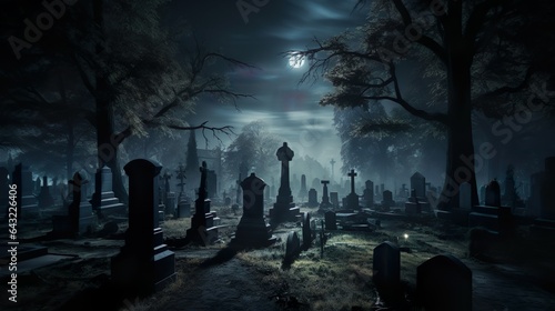 Moonlight cemetery with tombstones