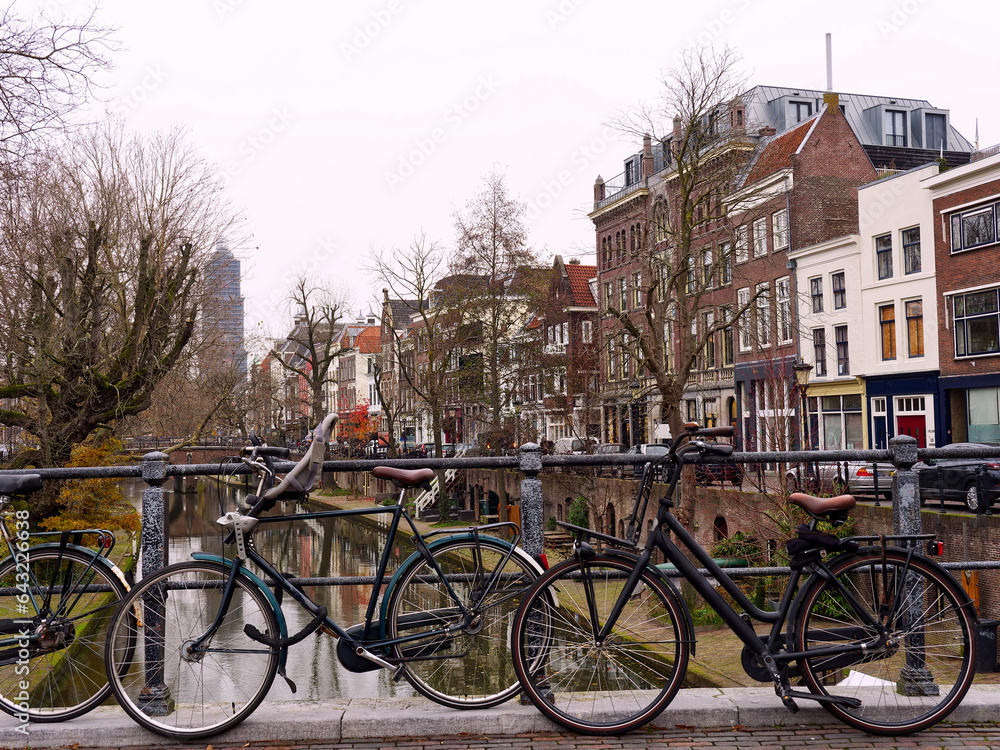 City bikes on a canal bridge, Utrecht, Netherlands