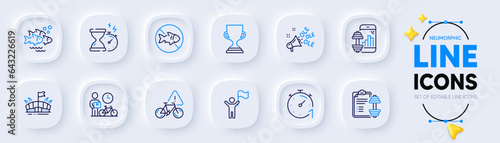 Ole chant, Timer and Bike attention line icons for web app. Pack of Arena, Fish school, Fitness app pictogram icons. Bike courier, Leadership, Hourglass timer signs. Dumbbell, Award cup. Vector