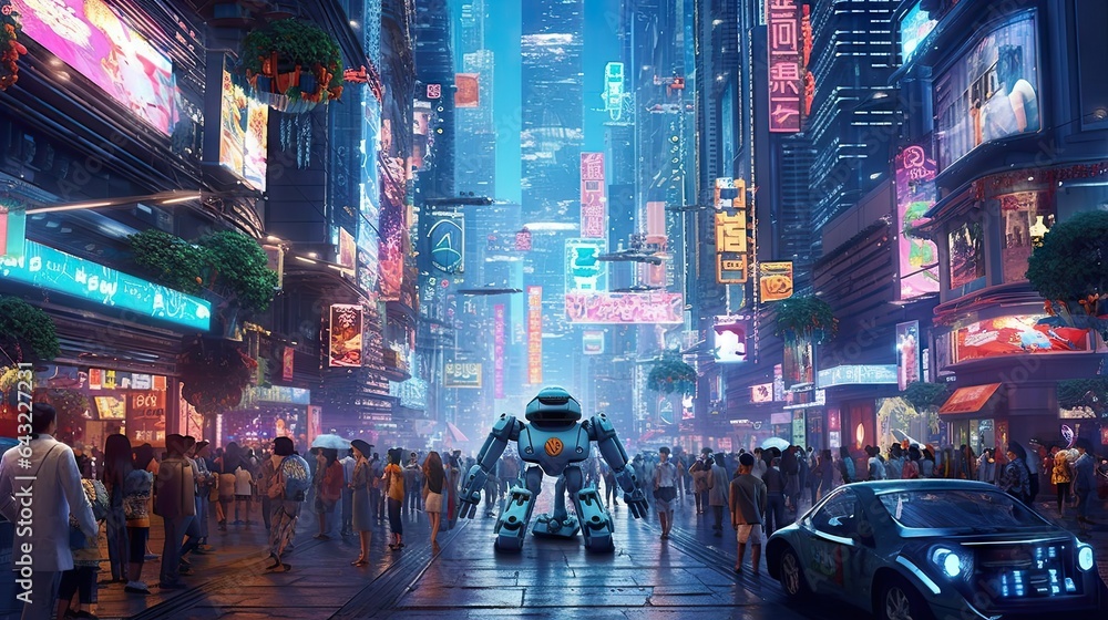 a futuristic city with people walking on the street and cars parked in front of tall buildings at night, 3d illustration - obrazy, fototapety, plakaty 
