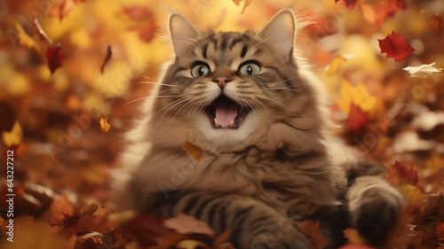 A fat, fluffy cat playing with fall leaves