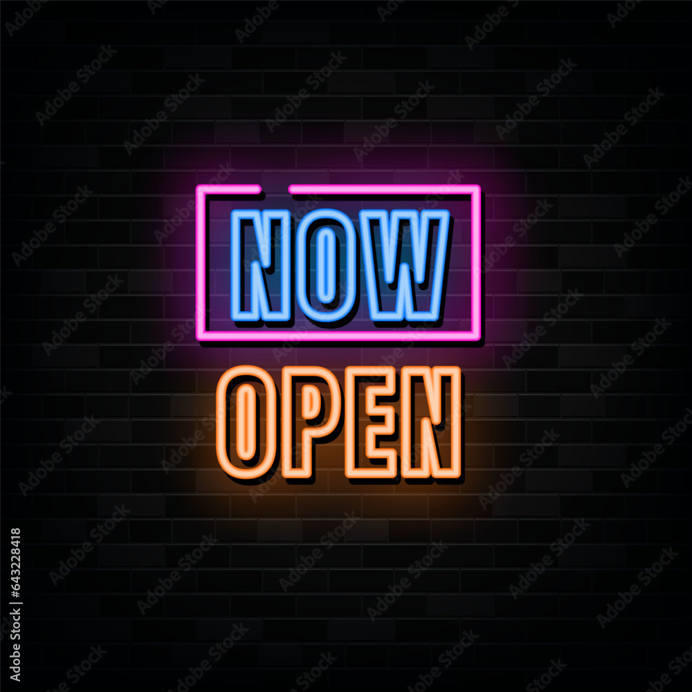 Obraz premium Now Open Neon Signs Vector Design Template