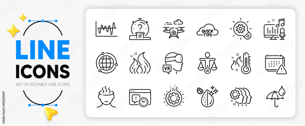 Quick tips, Globe and Waterproof umbrella line icons set for app include Drone, Quiz, Ethics outline thin icon. Cogwheel, Gear, Employees teamwork pictogram icon. Dirty water. Vector