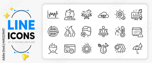 Quick tips, Globe and Waterproof umbrella line icons set for app include Drone, Quiz, Ethics outline thin icon. Cogwheel, Gear, Employees teamwork pictogram icon. Dirty water. Vector
