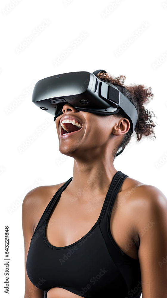 a 20-something african american woman using a vr virtual reality headset isolated on a transparent background, generative ai a 20-something african american woman using a vr virtual reality headset isolated on a transparent background, generative ai