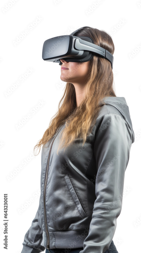 a 20-something caucasian woman using a vr virtual reality headset isolated on a transparent background, generative ai