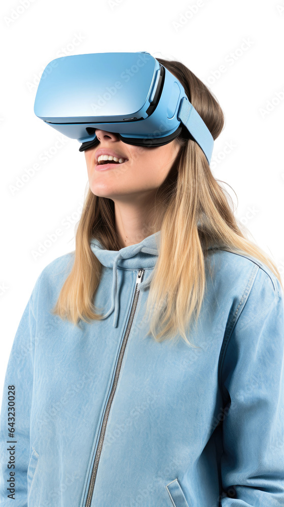 a 20-something caucasian woman using a vr virtual reality headset isolated on a transparent background, generative ai a 20-something caucasian woman using a vr virtual reality headset isolated on a transparent background, generative ai
