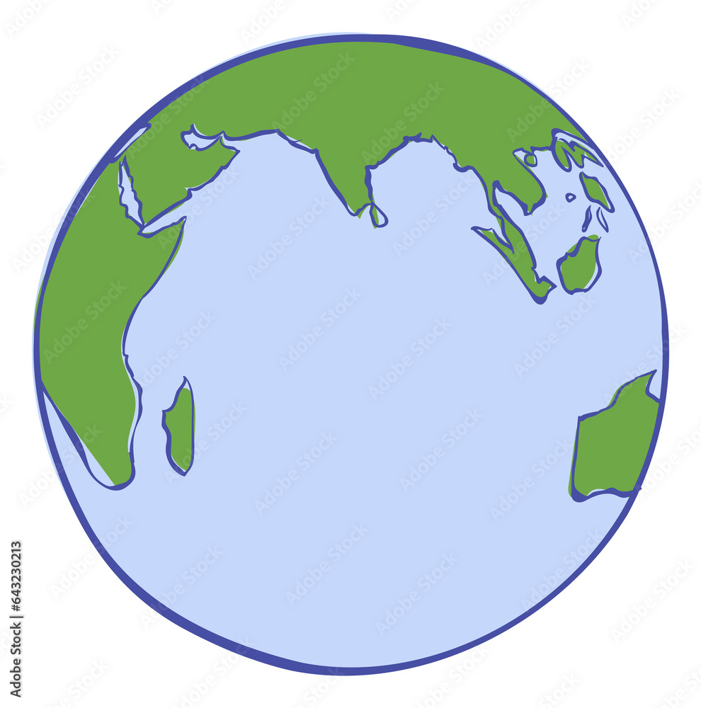 Indian ocean on globe. Round planet map icon Indian ocean on globe. Round planet map icon