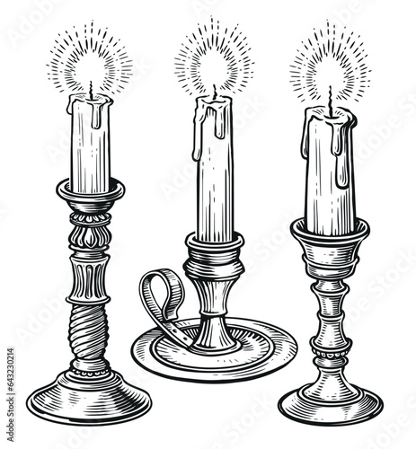 Candlestick with a burning candle. Vintage lantern sketch. Vector illustration