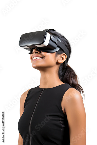 a 20-something indian woman using a vr virtual reality headset isolated on a transparent background, generative ai
