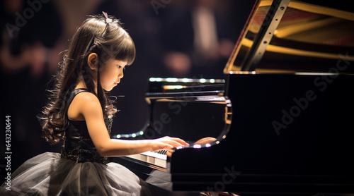 ピアノの発表会でグランドピアノを弾くドレスを着た少女