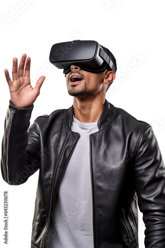 a 30-something hispanic man using a vr virtual reality headset isolated on a transparent background, generative ai © Perfect PNG