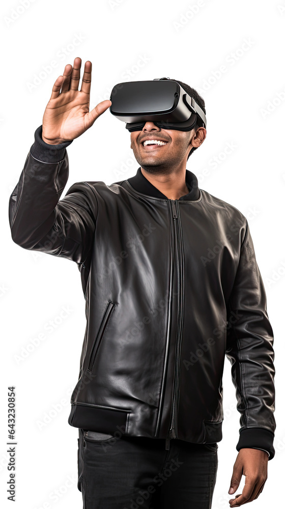 a 30-something indian man using a vr virtual reality headset isolated on a transparent background, generative ai a 30-something indian man using a vr virtual reality headset isolated on a transparent background, generative ai