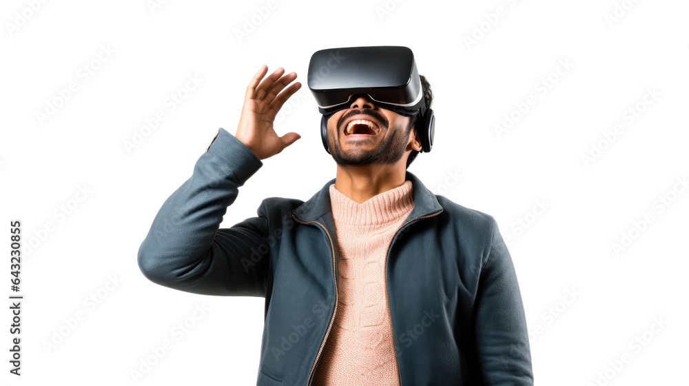 a 30-something indian man using a vr virtual reality headset isolated on a transparent background, generative ai a 30-something indian man using a vr virtual reality headset isolated on a transparent background, generative ai