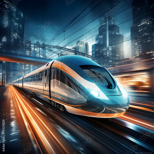 Futuristic style high speed train speeding through the big city  an electric green energy form of transportation to combat global warming and climate change. Generative ai. 