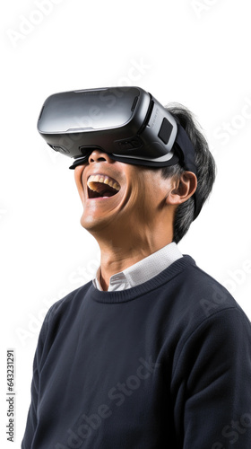 a middle aged asian man using a vr virtual reality headset isolated on a transparent background, generative ai © Perfect PNG