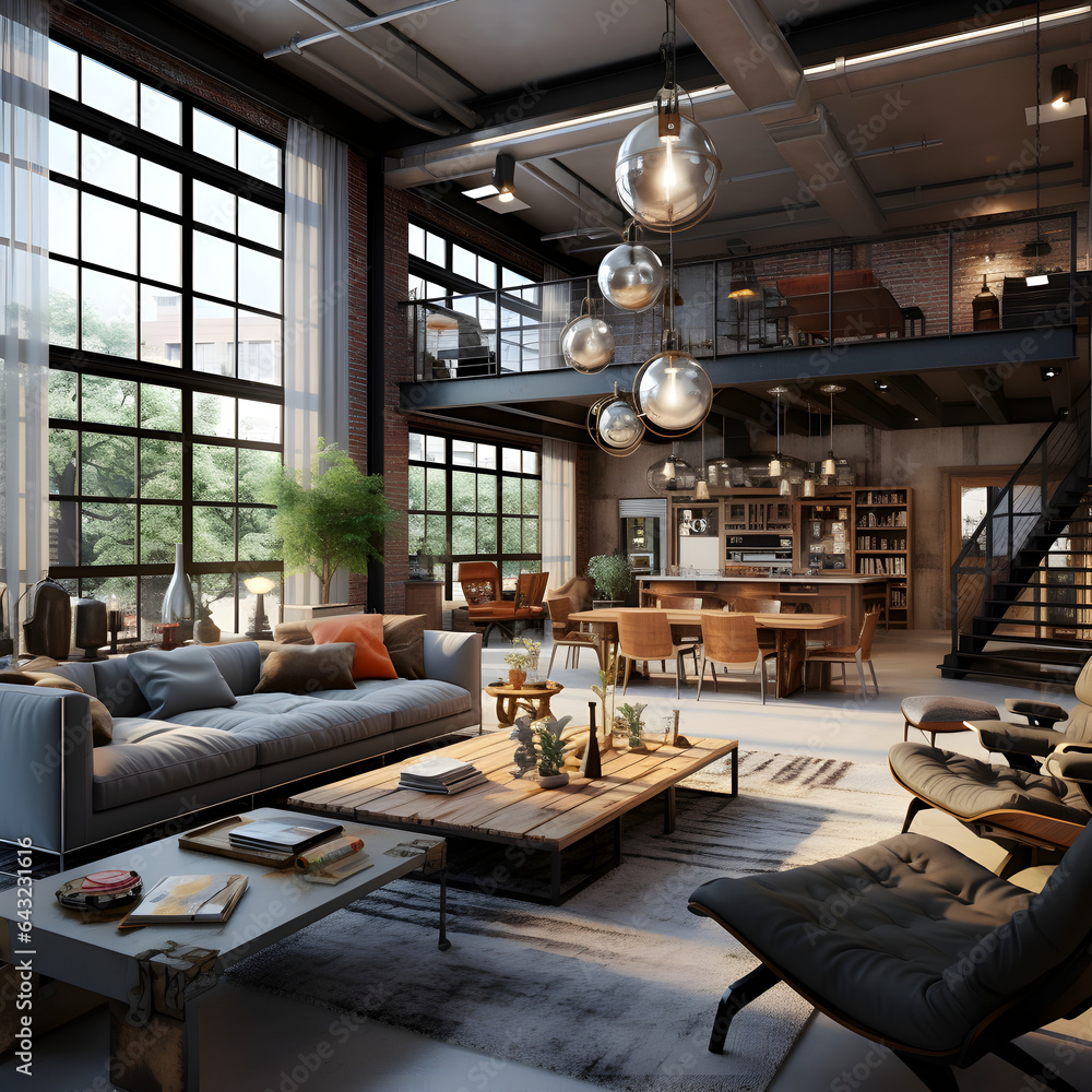 Picture of Interior of a modern luxury industrial city loft with furniture and an ...