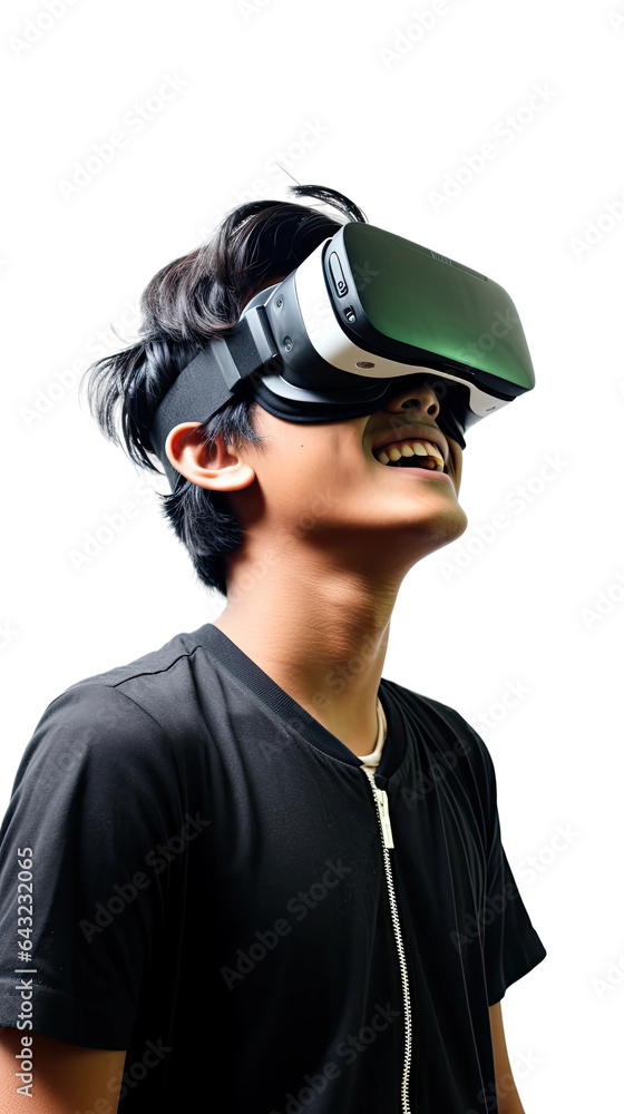 a teenage asian boy using a vr virtual reality headset isolated on a transparent background, generative ai a teenage asian boy using a vr virtual reality headset isolated on a transparent background, generative ai