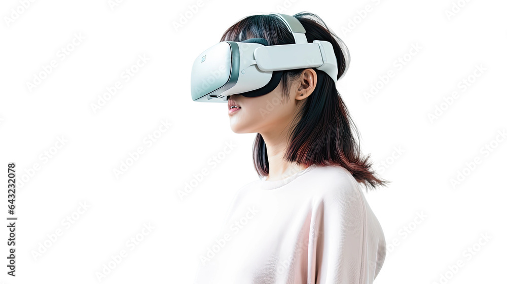 a teenage asian girl using a vr virtual reality headset isolated on a transparent background, generative ai a teenage asian girl using a vr virtual reality headset isolated on a transparent background, generative ai
