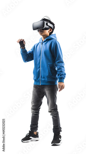 a teenage asian boy using a vr virtual reality headset isolated on a transparent background, generative ai
