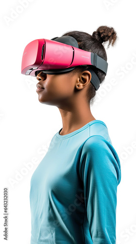 a teenage african american girl using a vr virtual reality headset isolated on a transparent background, generative ai © Perfect PNG