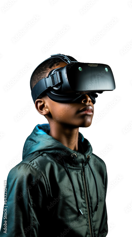 Fototapeta premium a young african american boy using a vr virtual reality headset isolated on a transparent background, generative ai