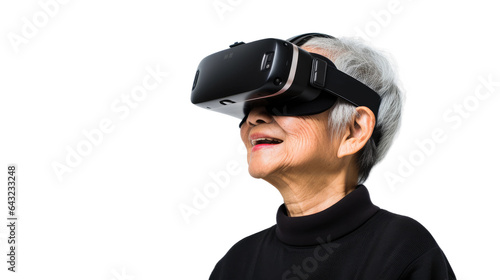 an elderly asian woman using a vr virtual reality headset isolated on a transparent background, generative ai © Perfect PNG