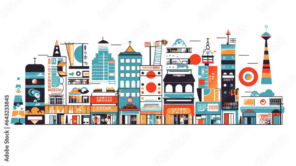City illustration. Towers and buildings in modern flat style on white background.Generative ai