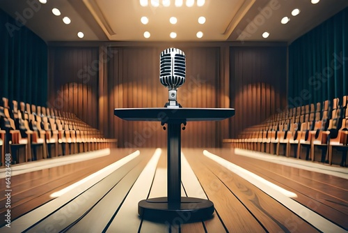 Microphone on stand at podium stage for public speaking or speech in conferen...