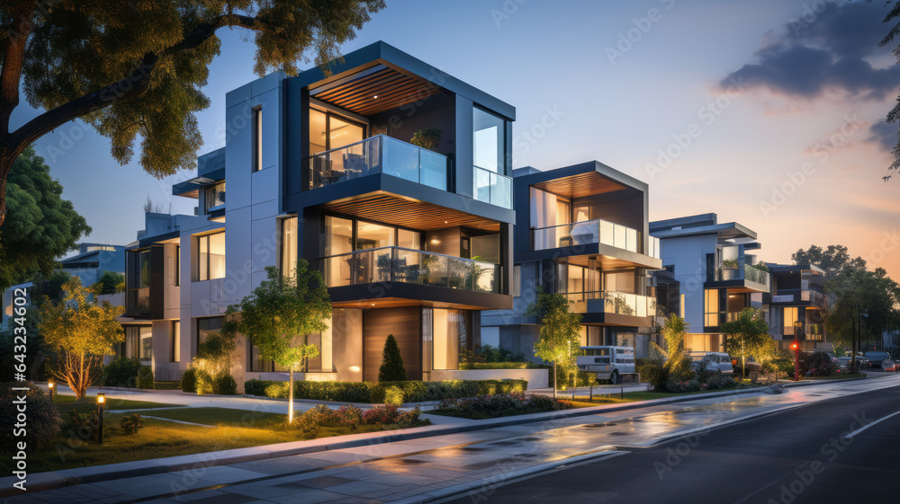 House building and city construction concept: evening outdoor urban view of modern real estate homes generative ai - obrazy, fototapety, plakaty 