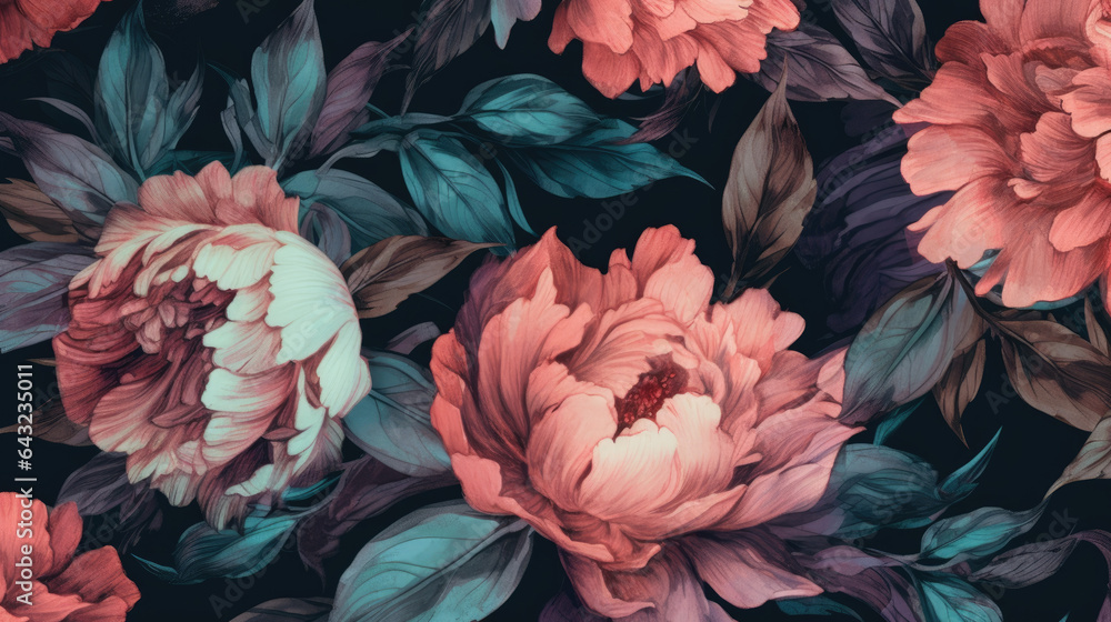 custom made wallpaper toronto digitalUnusual Floral summer seamless pattern. Garden peonies. Blue and pink flowers on a black background. Template for fabrics, textiles, paper, wallpaper, interior decoration. Vintage.