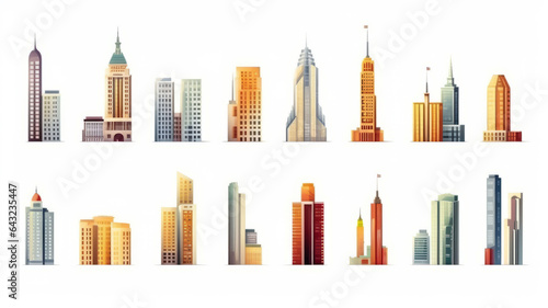 Set of different skyscraper buildings isolated on white.Generative ai