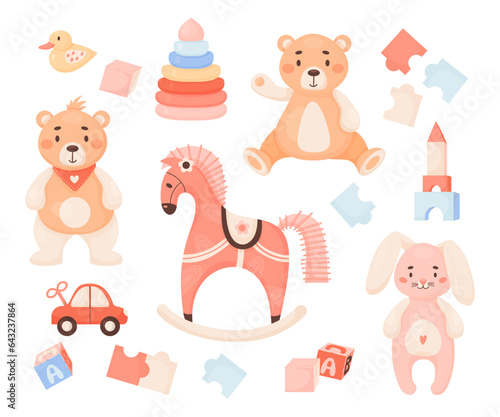 Cute Children toys. Plush toys teddy bear and bunny, duck, rocking horse, pyramid and cubes, puzzles and clockwork machine. Isolated vector illustration in cartoon style. Kids collection.
