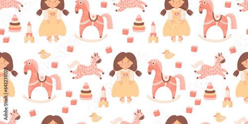 Fototapeta Naklejka Na Ścianę i Meble -  Children toys seamless pattern. Cute doll toy girl with ponytails, rocking horse and unicorn, duck, cubes and pyramid on white background. Vector kids horizontal illustration in cartoon style.